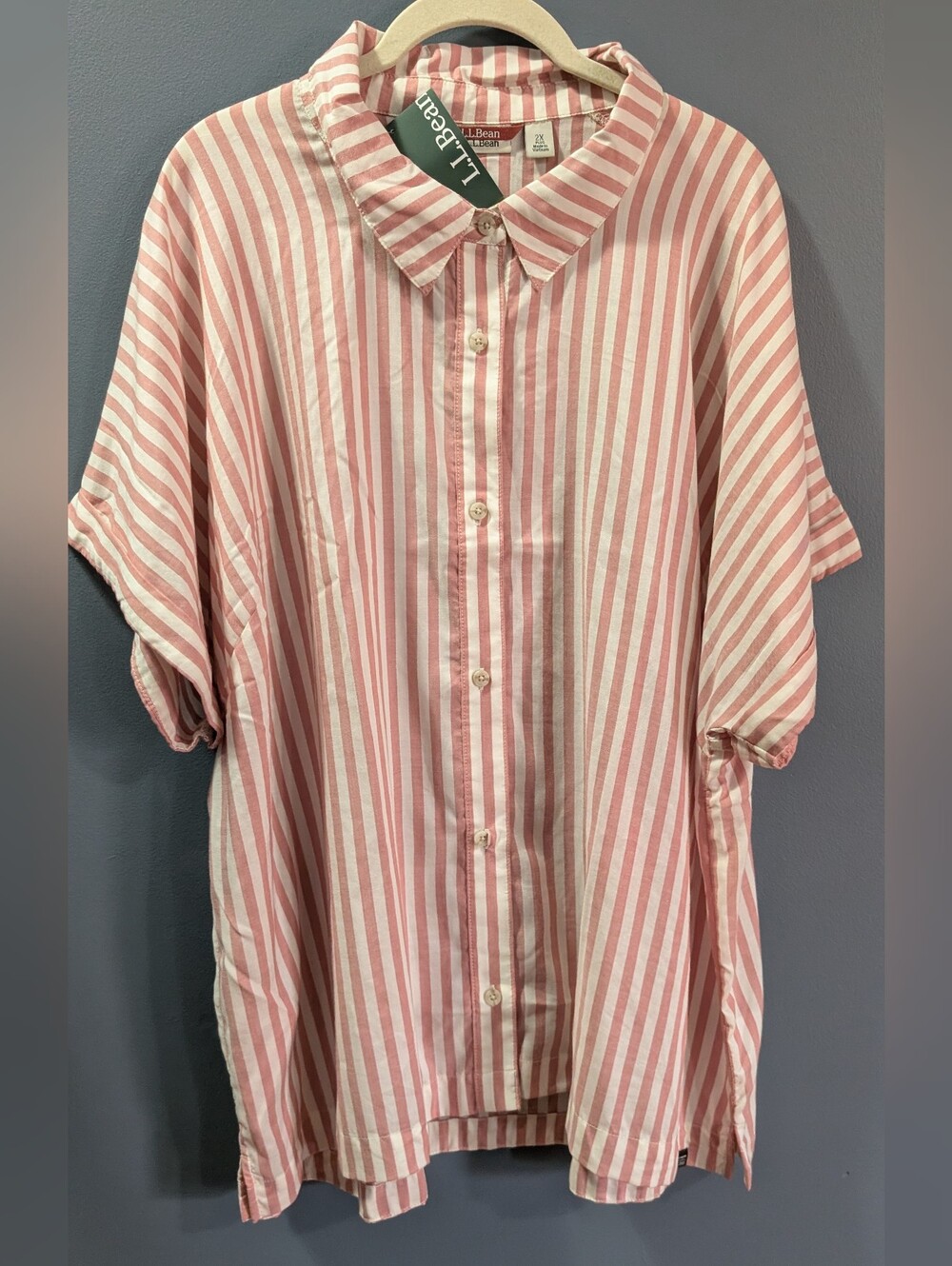 NEW L.L. Bean Women’s Pink and White Stripe Button-Up Short Sleeve Shirt 2x *R25 - Picture 7 of 10